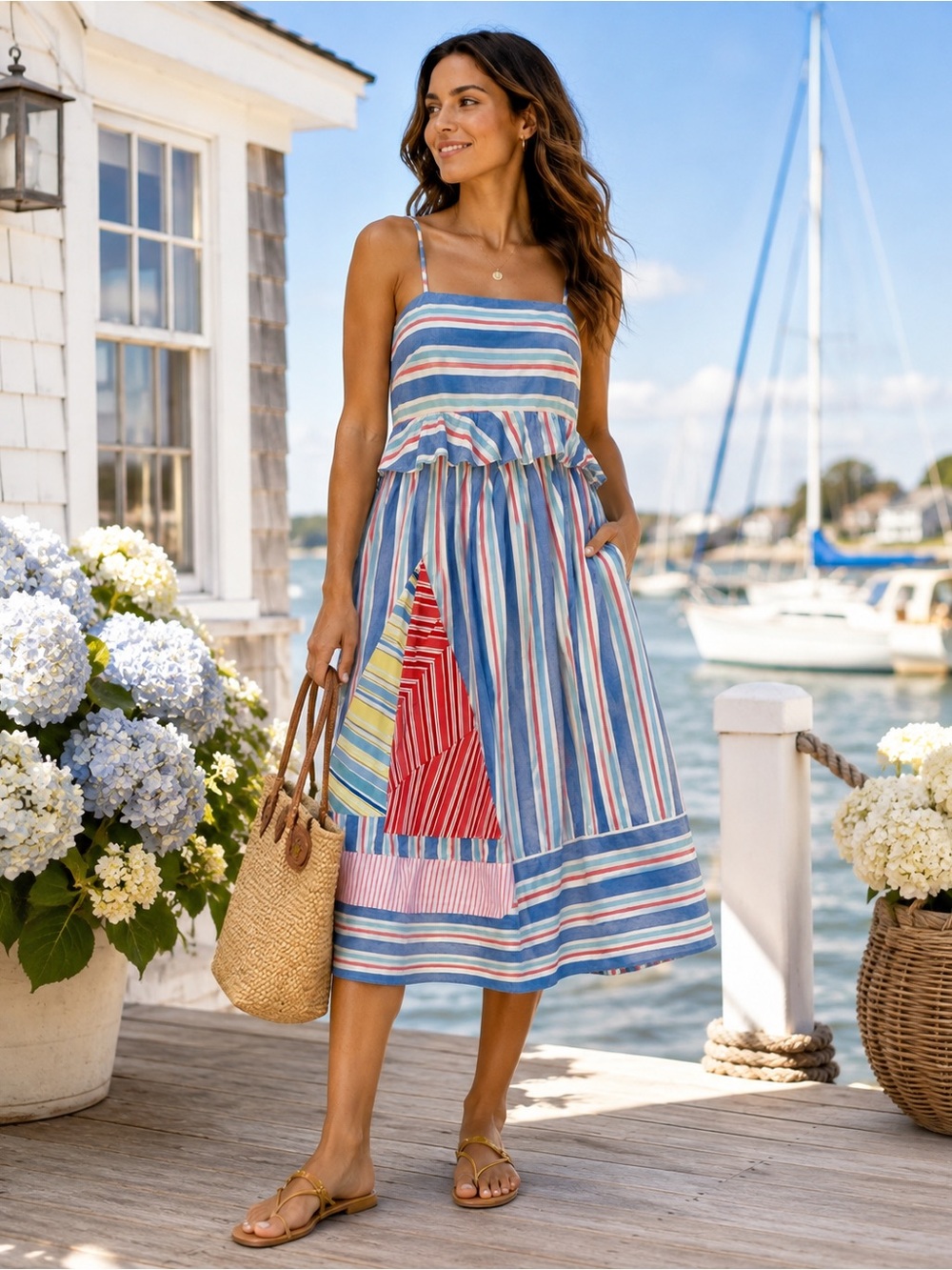Celandine Anthropologie Sailboat Stripe Cotton Midi Dress M